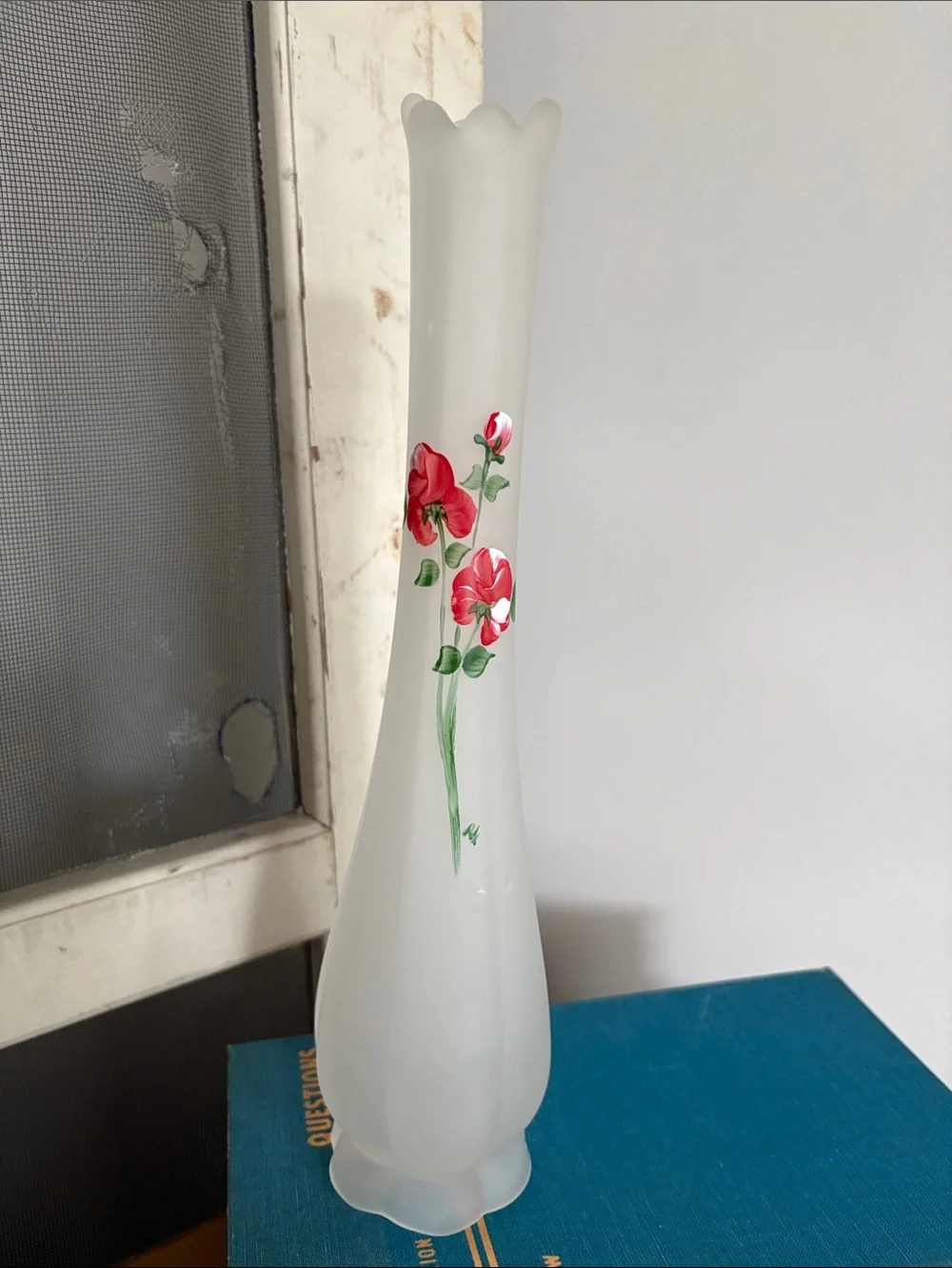 Frosted White Bud Vase with Hand-Painted Red Floral Detail